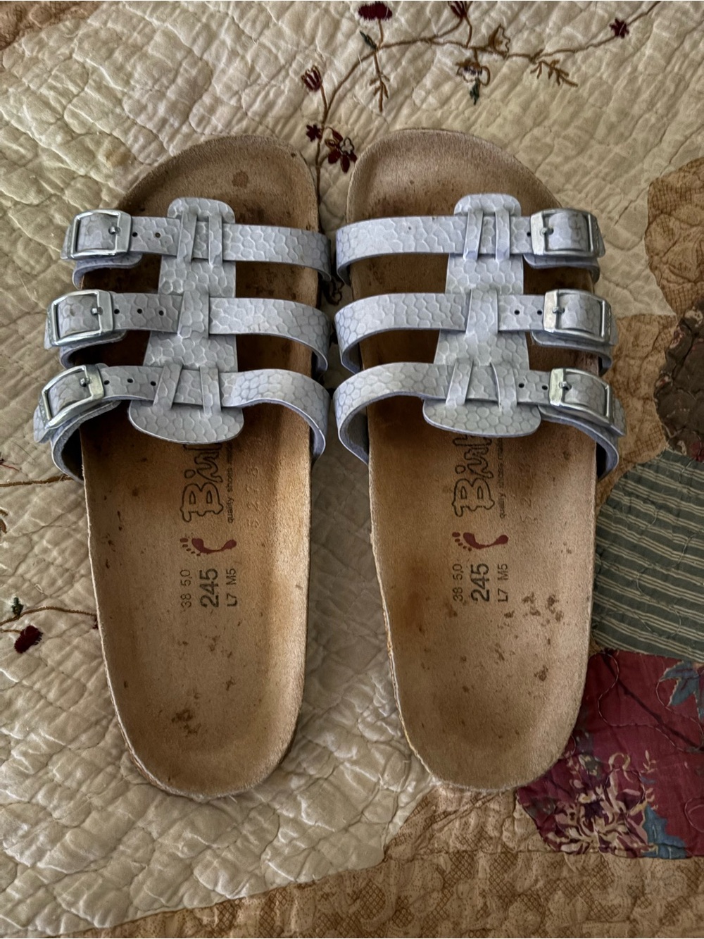 Birkenstock Birki’s Xenia Triple Strap Birko-Floor Silver Sandals 38EU 7US